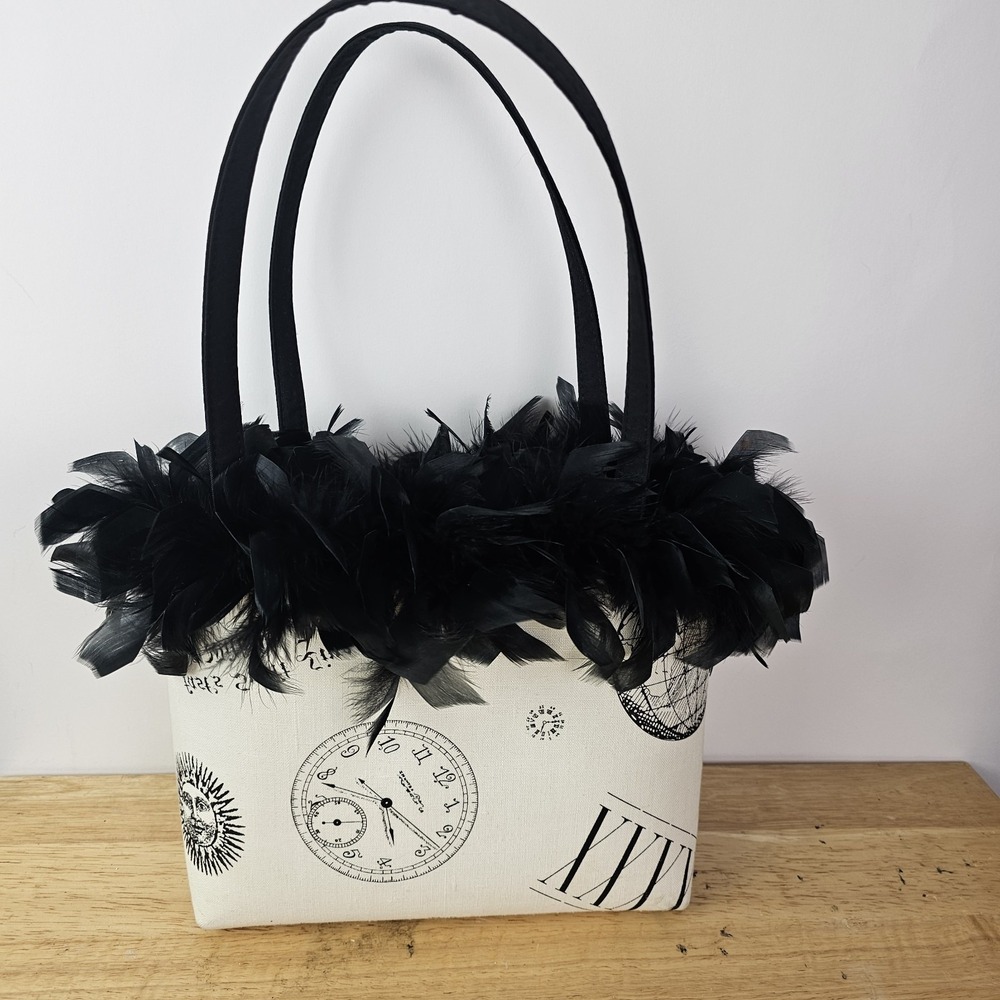 Womens Handbag Tote Black Feathers Vintage Clock Pattern Double Handles Purse